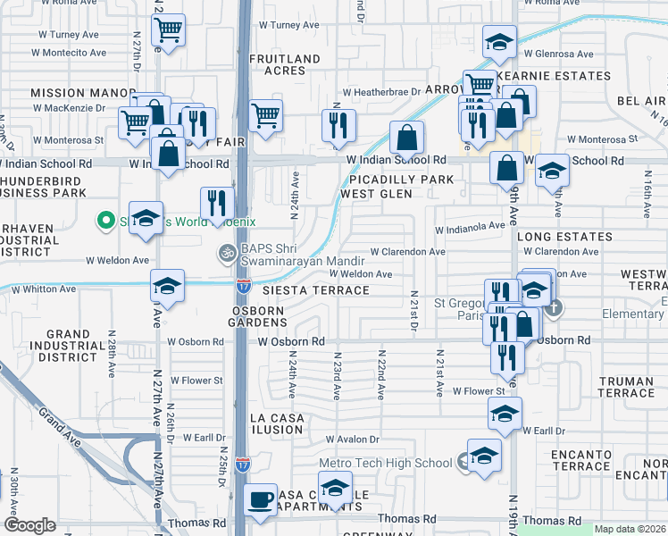 map of restaurants, bars, coffee shops, grocery stores, and more near 3632 North 23rd Avenue in Phoenix