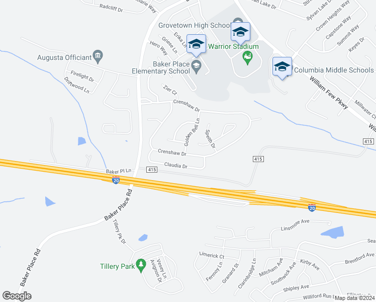 map of restaurants, bars, coffee shops, grocery stores, and more near 938 Golden Bell Lane in Grovetown