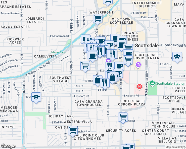 map of restaurants, bars, coffee shops, grocery stores, and more near 6922 East 3rd Street in Scottsdale