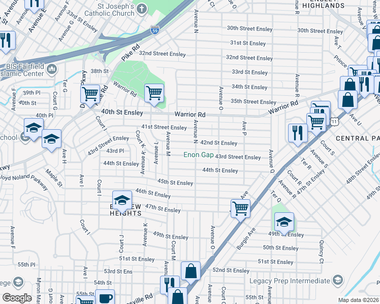 map of restaurants, bars, coffee shops, grocery stores, and more near 1324 43rd Street Ensley in Birmingham