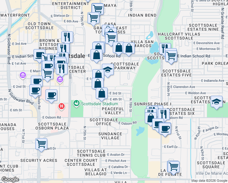 map of restaurants, bars, coffee shops, grocery stores, and more near 7713 East 3rd Street in Scottsdale
