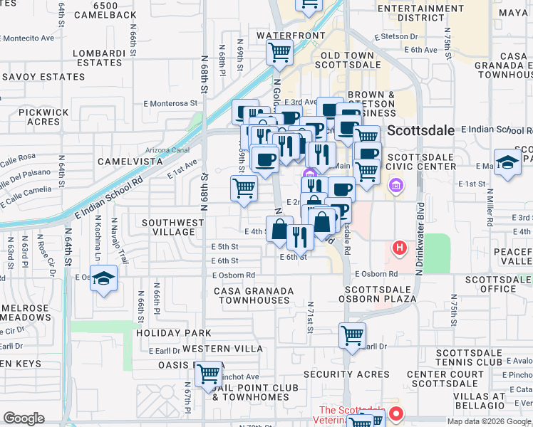 map of restaurants, bars, coffee shops, grocery stores, and more near 6922 East 3rd Street in Scottsdale