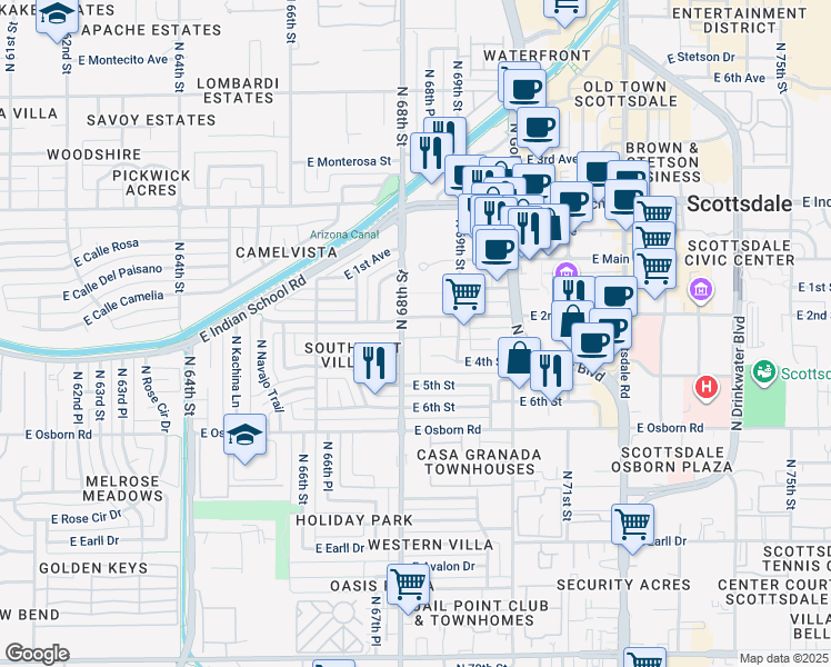 map of restaurants, bars, coffee shops, grocery stores, and more near 3635 North 68th Street in Scottsdale