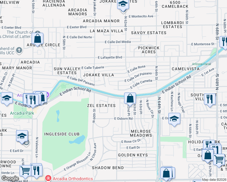 map of restaurants, bars, coffee shops, grocery stores, and more near 6039 East Calle Camelia in Scottsdale