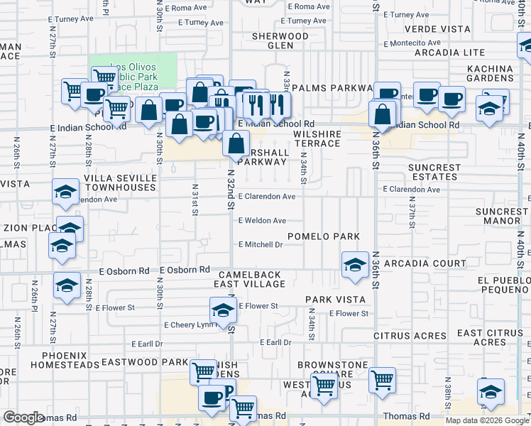 map of restaurants, bars, coffee shops, grocery stores, and more near 3244 East Weldon Avenue in Phoenix