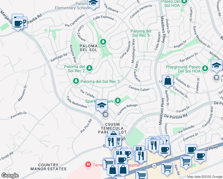 map of restaurants, bars, coffee shops, grocery stores, and more near 31957 Calle Galarza in Temecula