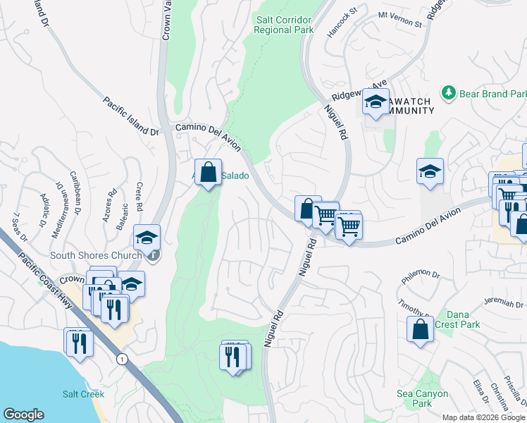 map of restaurants, bars, coffee shops, grocery stores, and more near 46 San Raphael in Dana Point