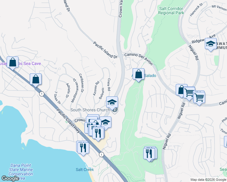 map of restaurants, bars, coffee shops, grocery stores, and more near 32502 Crete Road in Dana Point
