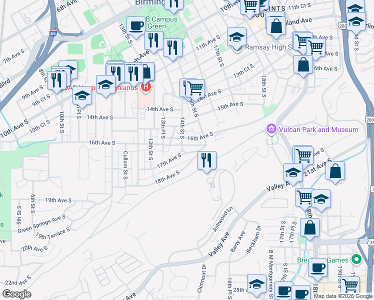 map of restaurants, bars, coffee shops, grocery stores, and more near in Birmingham