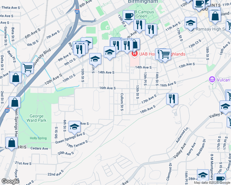 map of restaurants, bars, coffee shops, grocery stores, and more near in Birmingham