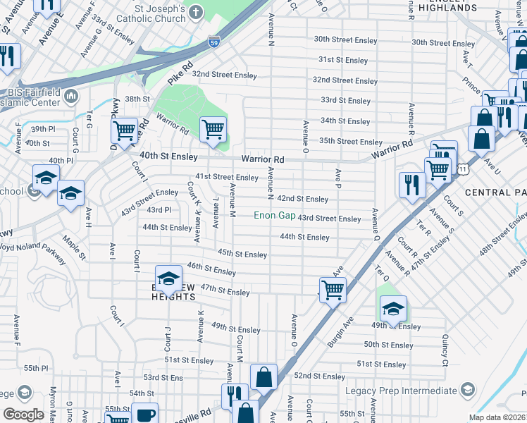 map of restaurants, bars, coffee shops, grocery stores, and more near 1324 43rd Street Ensley in Birmingham