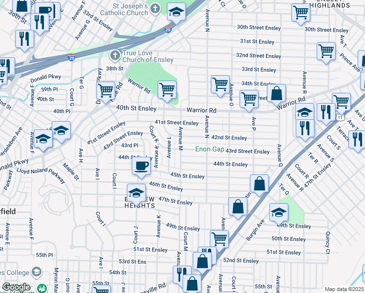 map of restaurants, bars, coffee shops, grocery stores, and more near 4220 Avenue M in Birmingham