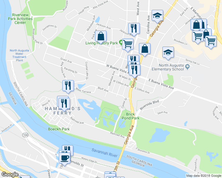 map of restaurants, bars, coffee shops, grocery stores, and more near 211 Bluff Avenue in North Augusta