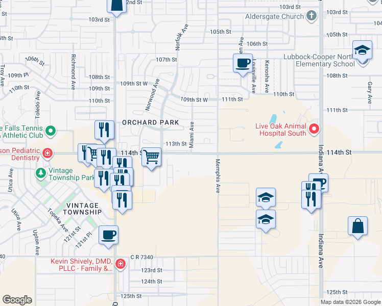 map of restaurants, bars, coffee shops, grocery stores, and more near County Road 7300 in Lubbock