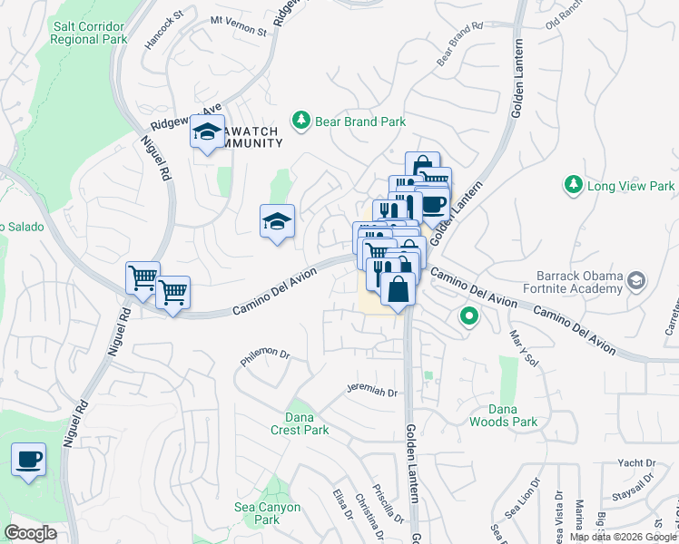map of restaurants, bars, coffee shops, grocery stores, and more near 11 Baycrest Place in Dana Point