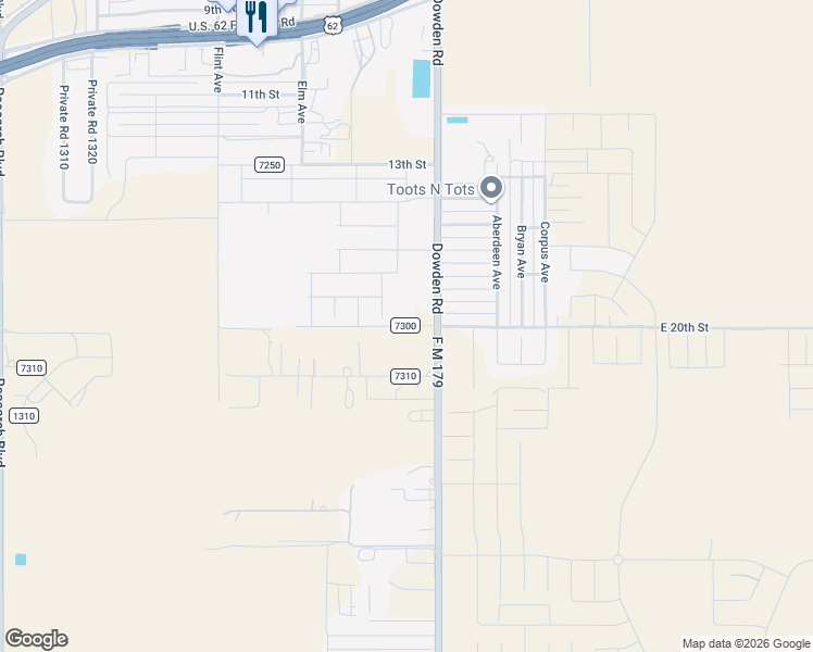 map of restaurants, bars, coffee shops, grocery stores, and more near C R 7300 in Wolfforth