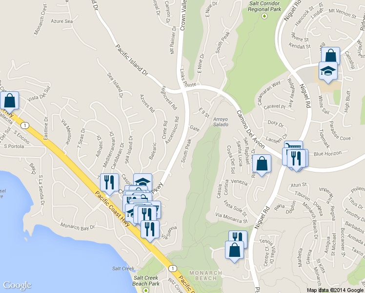 map of restaurants, bars, coffee shops, grocery stores, and more near 32466 Crown Valley Parkway in Dana Point