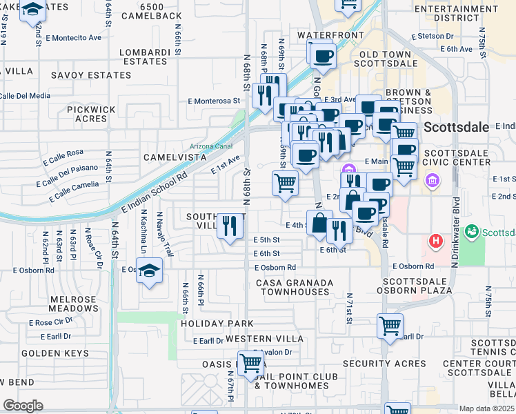 map of restaurants, bars, coffee shops, grocery stores, and more near 6805 East 2nd Street in Scottsdale