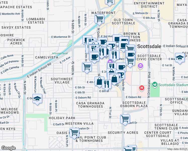 map of restaurants, bars, coffee shops, grocery stores, and more near 6922 East 3rd Street in Scottsdale