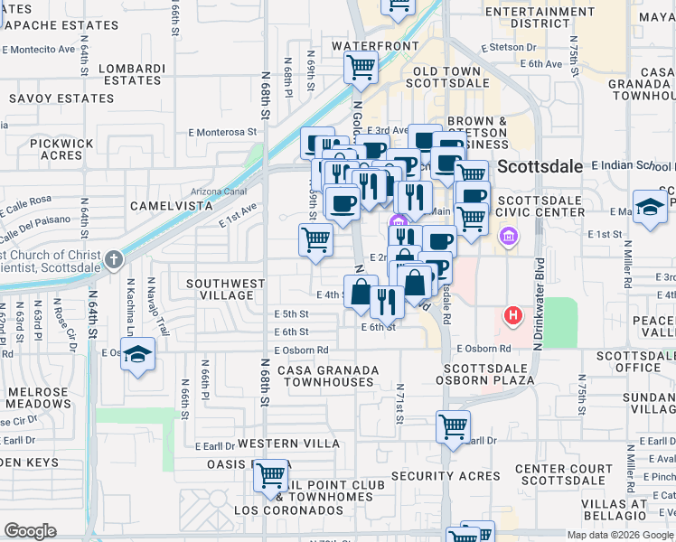 map of restaurants, bars, coffee shops, grocery stores, and more near 6922 East 3rd Street in Scottsdale