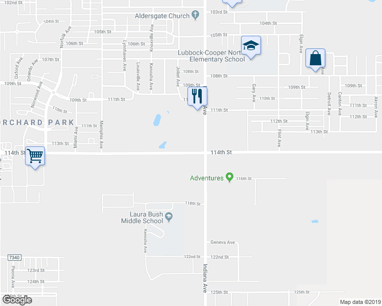 map of restaurants, bars, coffee shops, grocery stores, and more near 3455 114th Street in Lubbock