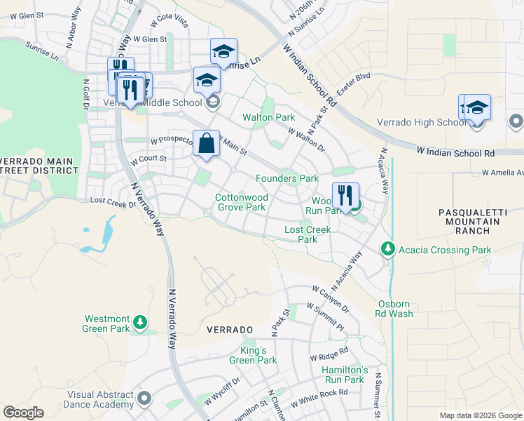map of restaurants, bars, coffee shops, grocery stores, and more near 3852 North Park Street in Buckeye
