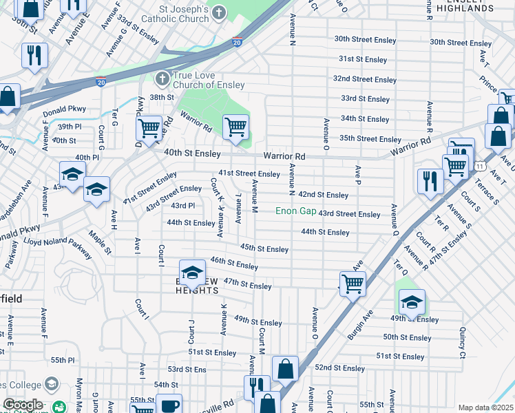 map of restaurants, bars, coffee shops, grocery stores, and more near 4220 Avenue M in Birmingham