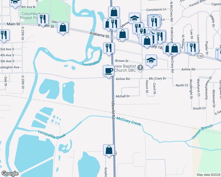 map of restaurants, bars, coffee shops, grocery stores, and more near 411 Mississippi 69 in Columbus