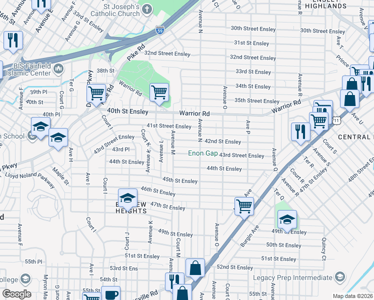 map of restaurants, bars, coffee shops, grocery stores, and more near 1324 43rd Street Ensley in Birmingham