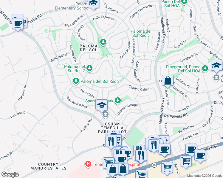 map of restaurants, bars, coffee shops, grocery stores, and more near 31957 Calle Galarza in Temecula