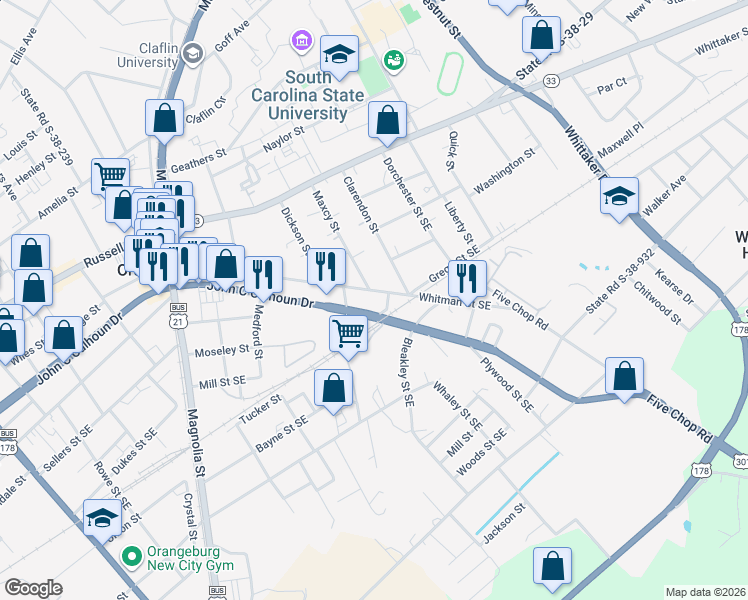 map of restaurants, bars, coffee shops, grocery stores, and more near 468 John C Calhoun Drive in Orangeburg