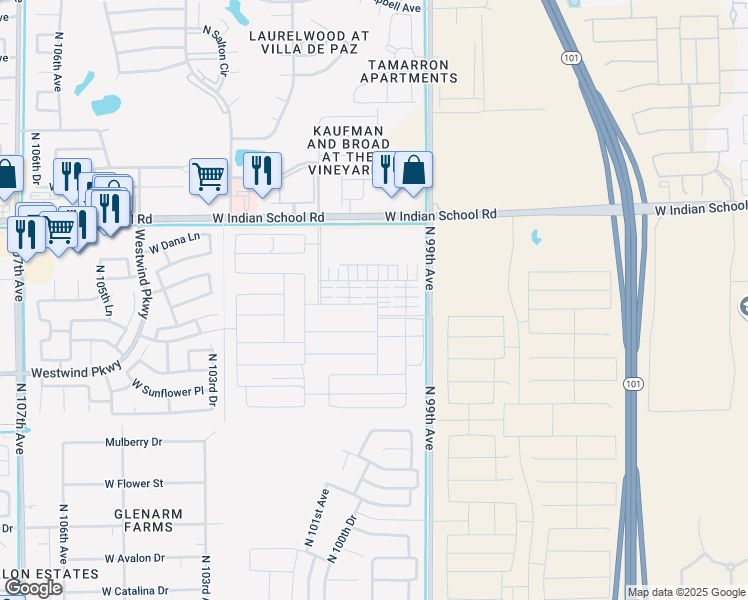 map of restaurants, bars, coffee shops, grocery stores, and more near 2918-3480 North 99th Avenue in Avondale