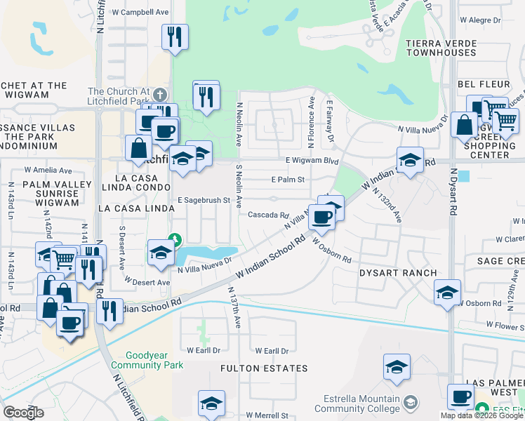 map of restaurants, bars, coffee shops, grocery stores, and more near 431 Cascada Road in Litchfield Park