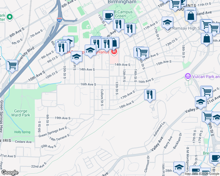 map of restaurants, bars, coffee shops, grocery stores, and more near 1611 12th Street South in Birmingham