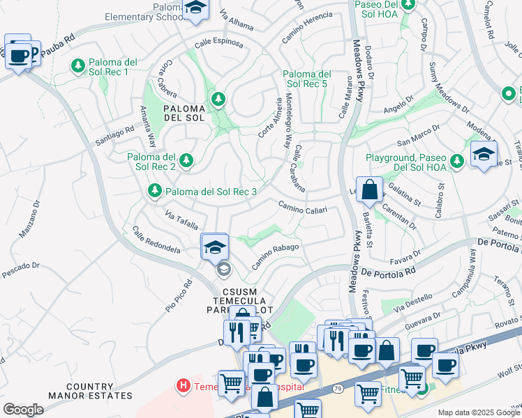 map of restaurants, bars, coffee shops, grocery stores, and more near 32001 Calle Galarza in Temecula