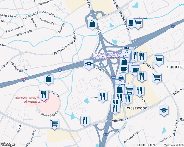 map of restaurants, bars, coffee shops, grocery stores, and more near 3100 Perimeter Parkway in Augusta