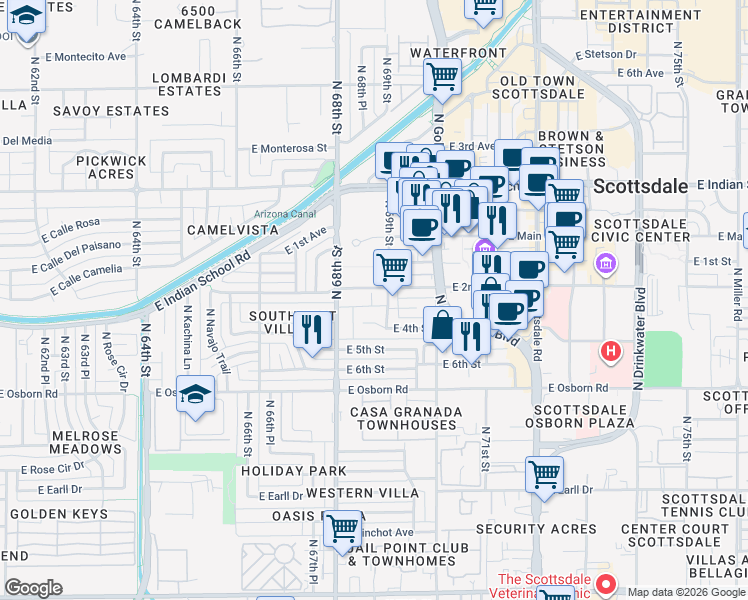 map of restaurants, bars, coffee shops, grocery stores, and more near 6835 East 4th Street in Scottsdale