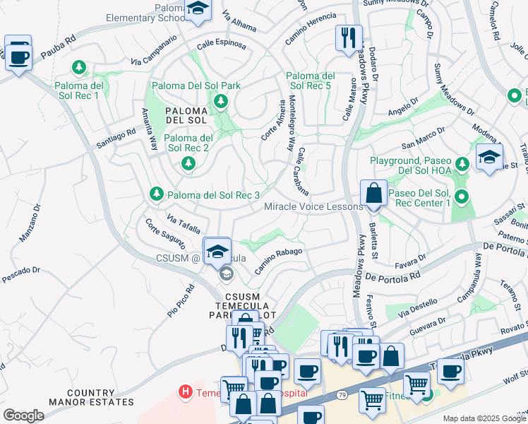 map of restaurants, bars, coffee shops, grocery stores, and more near 32001 Calle Galarza in Temecula
