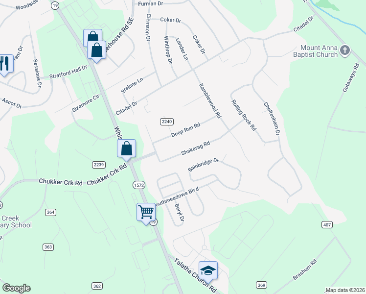 map of restaurants, bars, coffee shops, grocery stores, and more near 310 Shakerag Road in Aiken