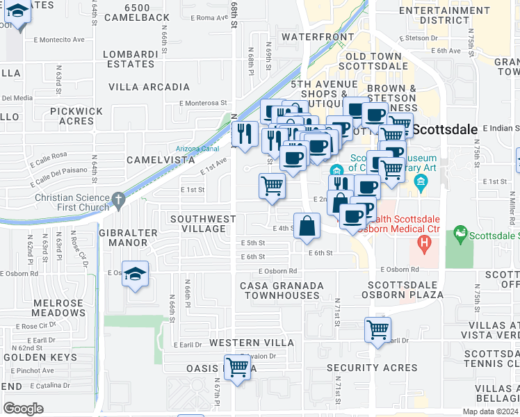 map of restaurants, bars, coffee shops, grocery stores, and more near 6835 East 4th Street in Scottsdale