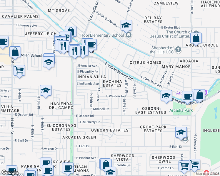 map of restaurants, bars, coffee shops, grocery stores, and more near 5043 East Clarendon Avenue in Phoenix