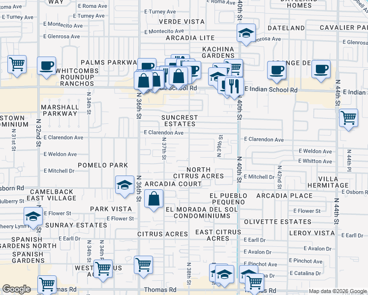 map of restaurants, bars, coffee shops, grocery stores, and more near 3622 North 38th Street in Phoenix