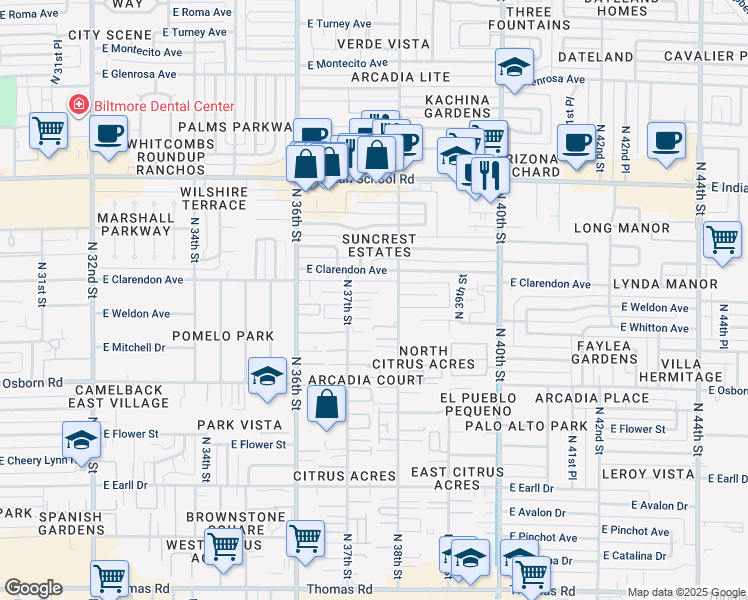 map of restaurants, bars, coffee shops, grocery stores, and more near 3622 North 38th Street in Phoenix