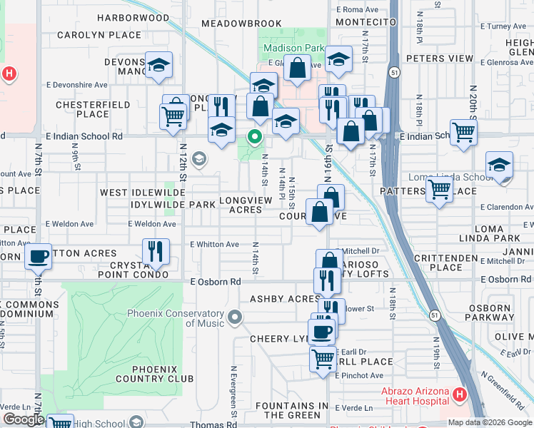 map of restaurants, bars, coffee shops, grocery stores, and more near 1410 East Weldon Avenue in Phoenix