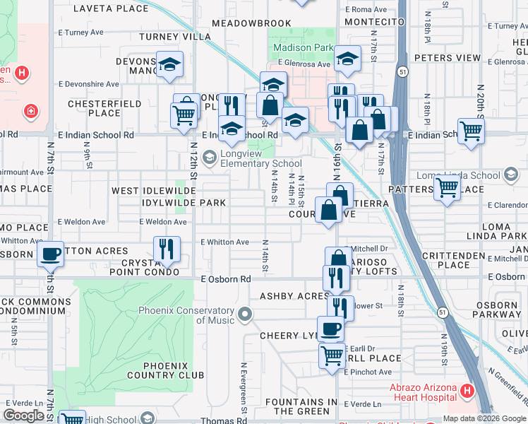map of restaurants, bars, coffee shops, grocery stores, and more near 1410 East Weldon Avenue in Phoenix