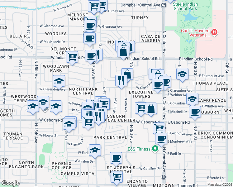 map of restaurants, bars, coffee shops, grocery stores, and more near 3629 North 5th Avenue in Phoenix