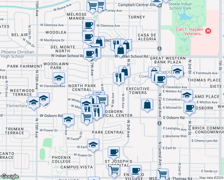 map of restaurants, bars, coffee shops, grocery stores, and more near 3629 North 5th Avenue in Phoenix