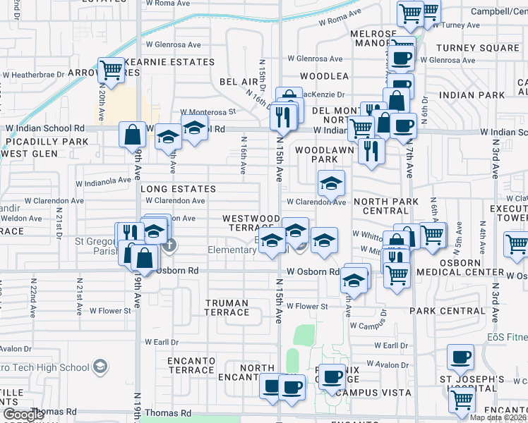 map of restaurants, bars, coffee shops, grocery stores, and more near 3630 North 15th Avenue in Phoenix