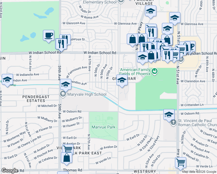 map of restaurants, bars, coffee shops, grocery stores, and more near 5523 West Weldon Avenue in Phoenix