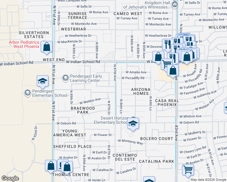 map of restaurants, bars, coffee shops, grocery stores, and more near 8701 West Clarendon Avenue in Phoenix